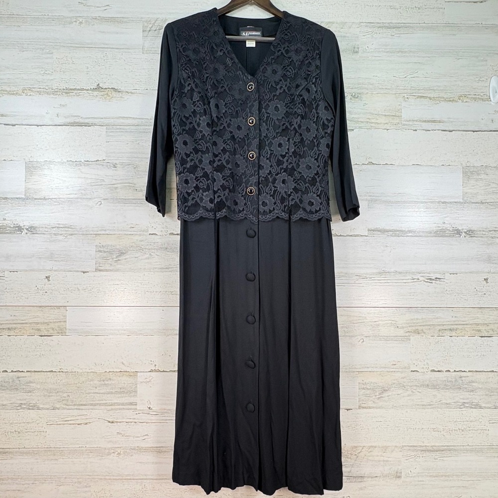 SL Fashions Vintage 90s Black Lace Button Front Midi Dress Long Slv Whimsigoth
